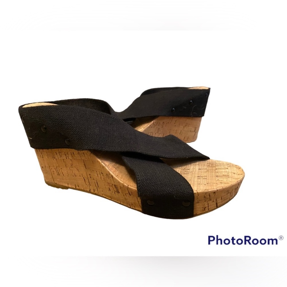 Lucky Brand cork wedges with black criss cross canvas straps